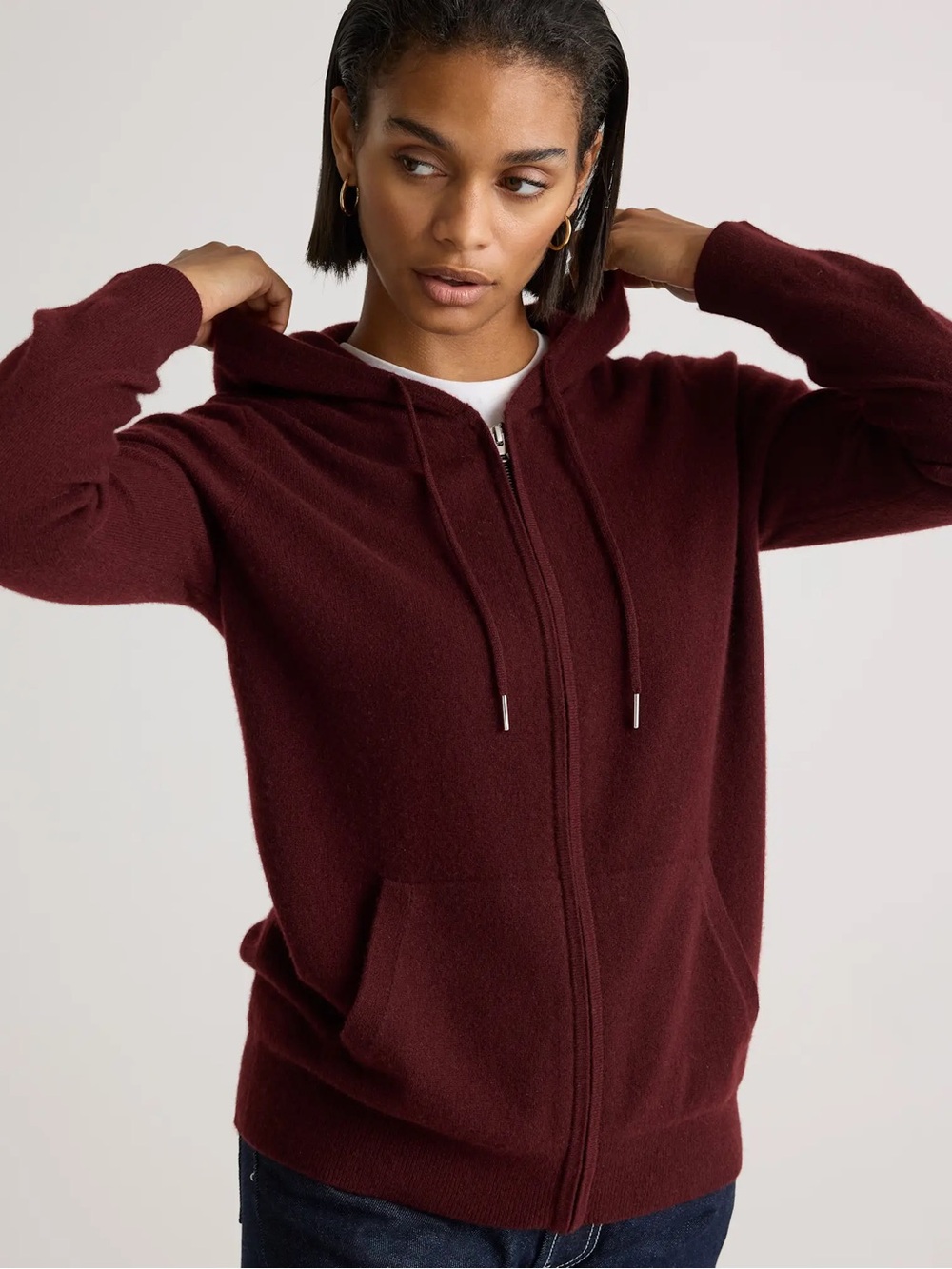 Quince Mongolian Cashmere Full-Zip Hoodie Rich Burgundy, Size Medium (M) Wine